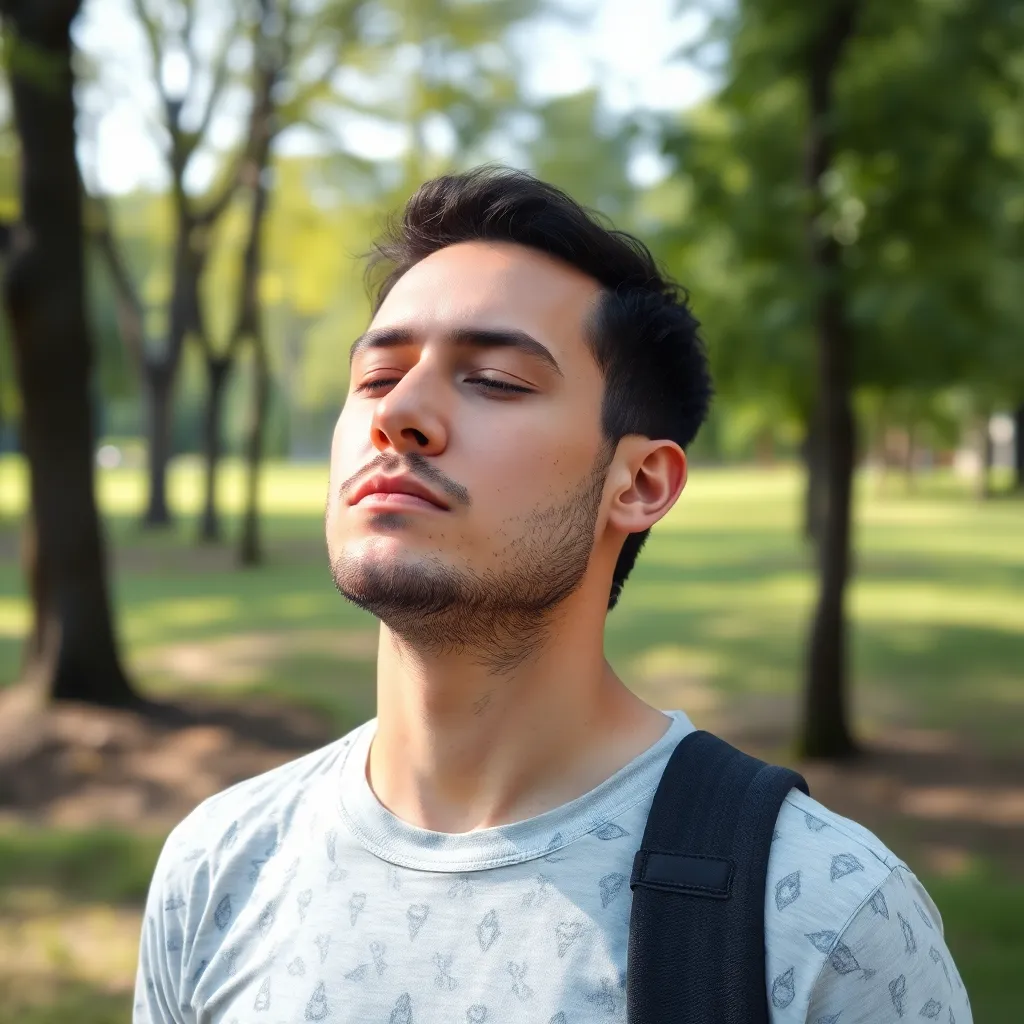 A person taking a deep breath outdoors, representing anxiety management and recovery