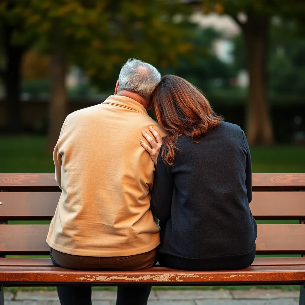 Two people sitting together in quiet support, one placing a hand on the other's shoulder